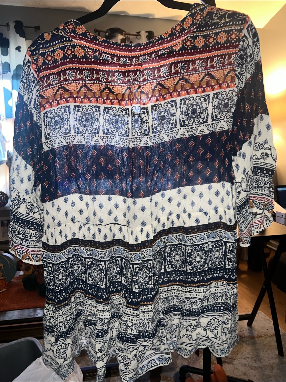 Bohemian Lace-Up Tunic Top — Navy, White & Rust - Picture 3 of 3